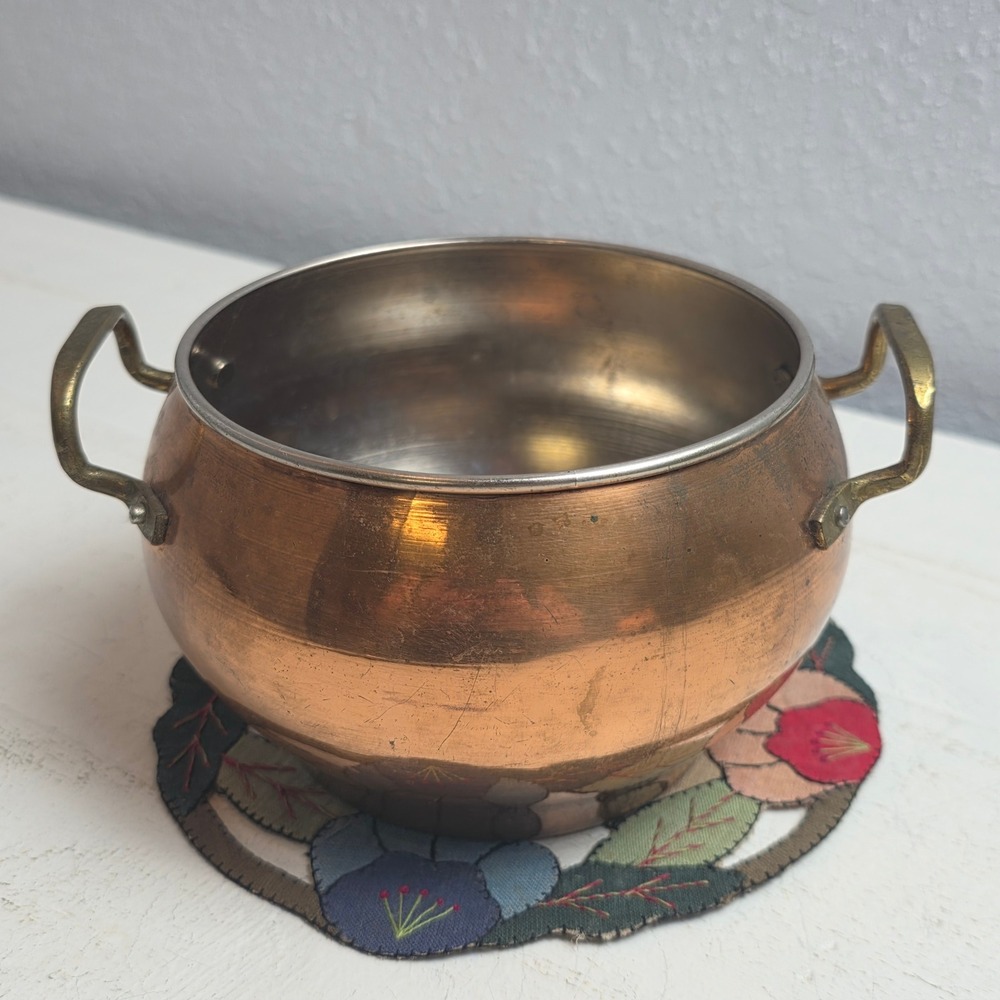 Vintage Small Copper Pot Stainless Steel Lined Brass Handles Round Cauldron Bowl